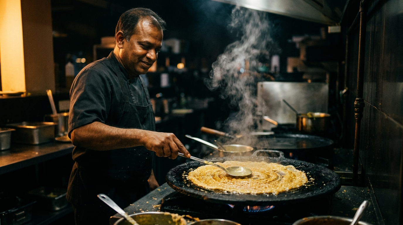 Chef preparing a crispy golden dosa on a hot tawa with steam rising